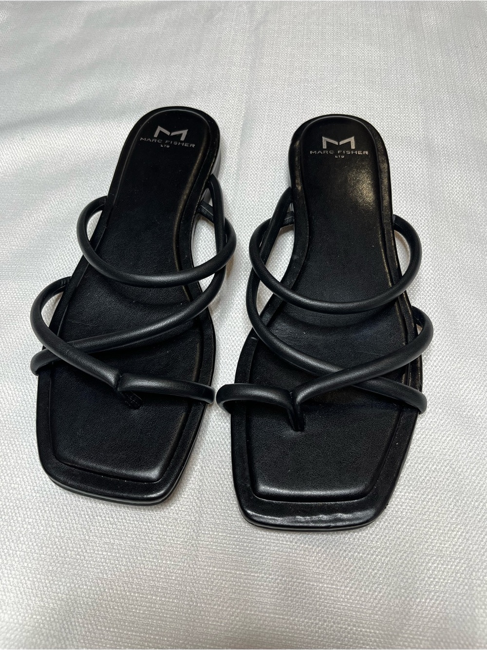 Marc Fisher Black Minimalist Strappy Flat Slide Square-Toe Sandals